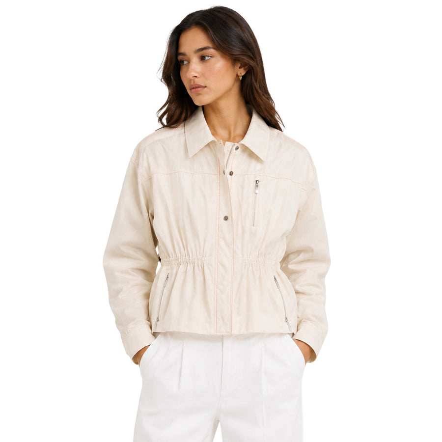 Parajumpers – Octavia beige jacket – front view worn by model with cinched waist