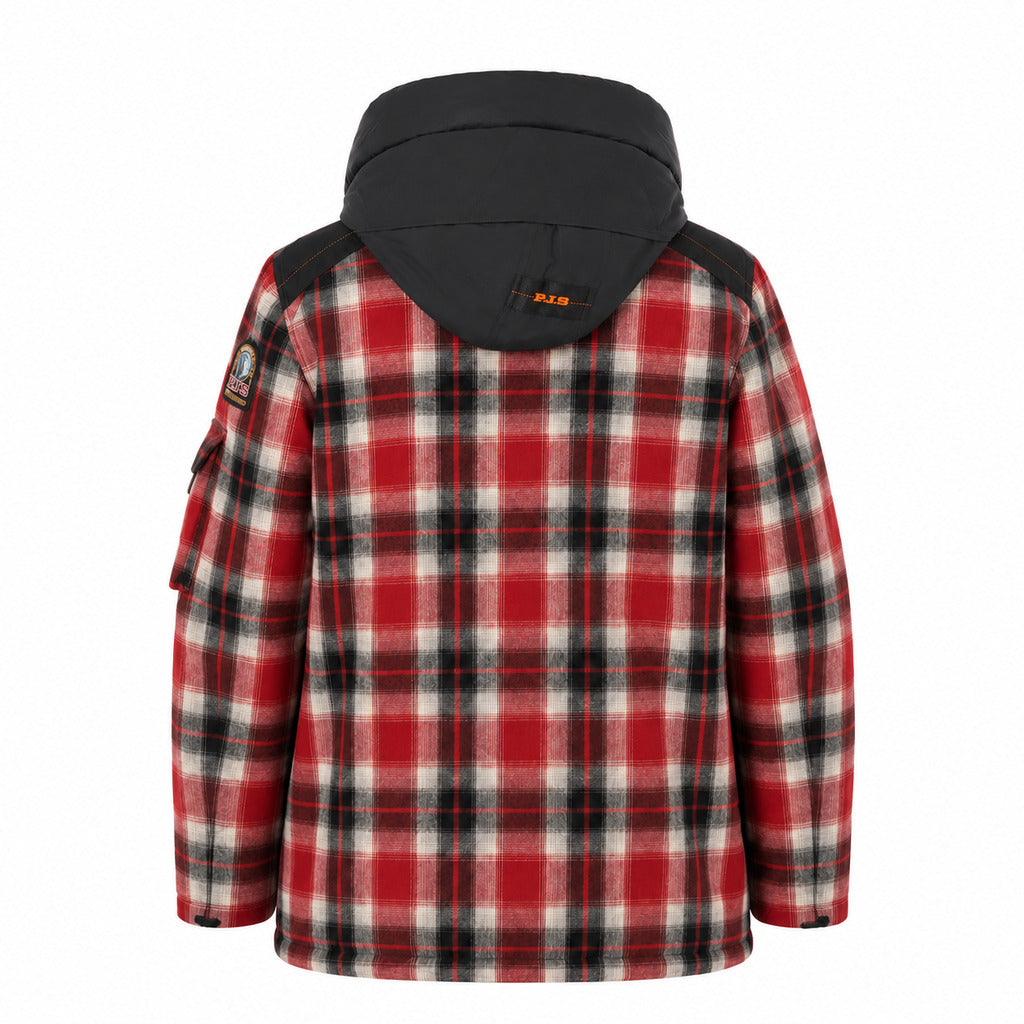 Parajumpers – red tartan Musher jacket – rear packshot showing black hood and checked pattern