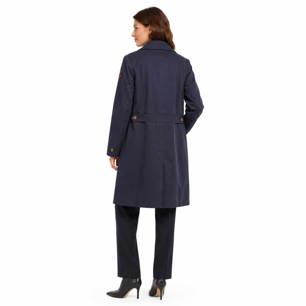 Parajumpers – Blue Mirai coat with buttoned back belt – angled rear view