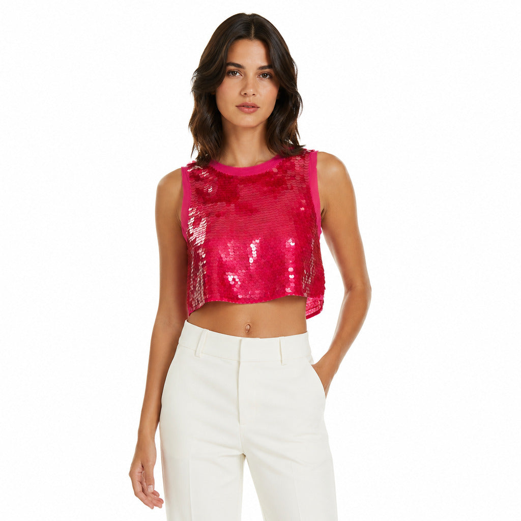 Patrizia Pepe – pink sequin crop top – front view worn with white trousers