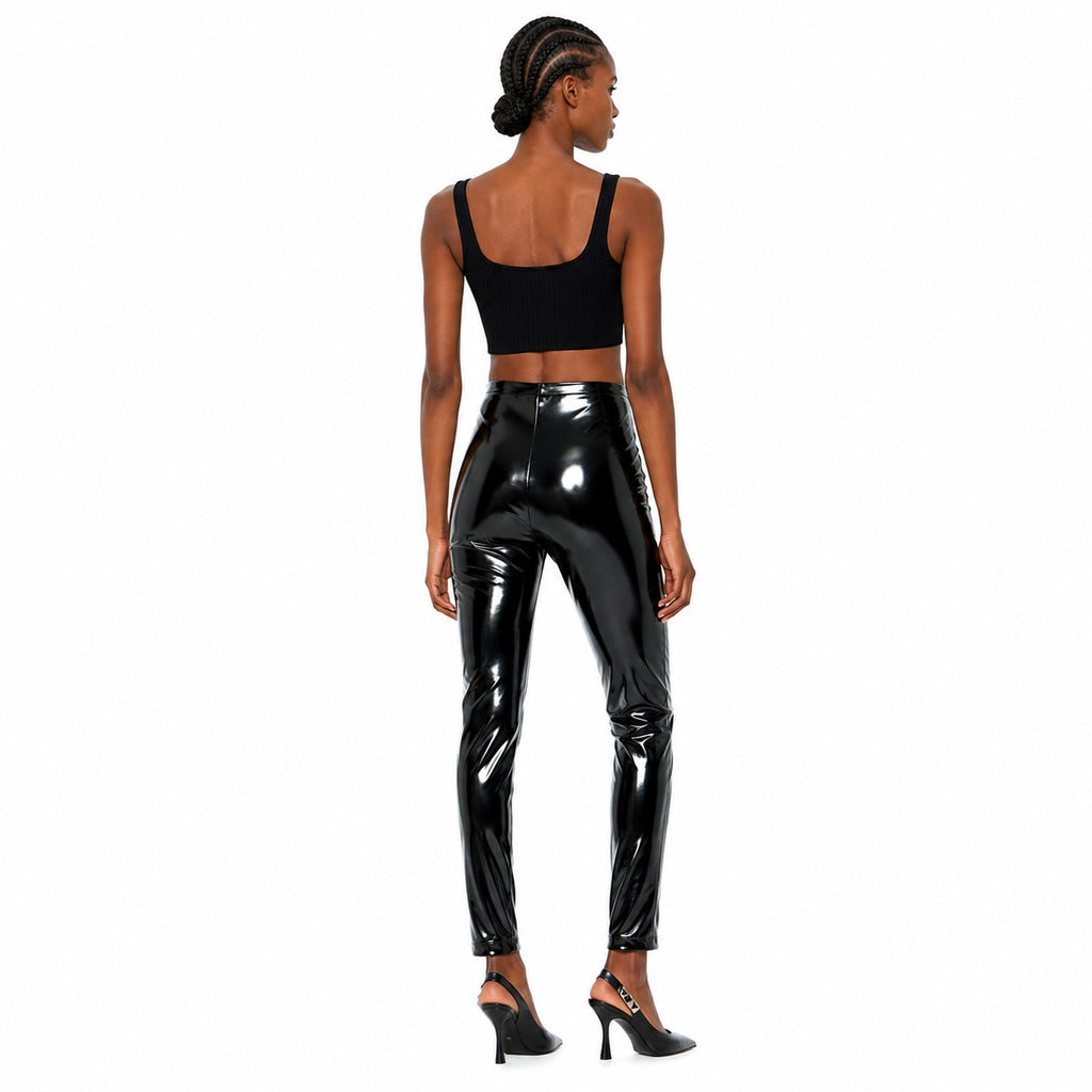 Patrizia Pepe – slim-fit black faux leather trousers – back view on model