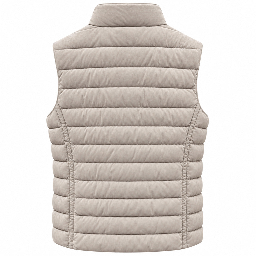 Moorer – Quilted Leather Vest in Marble – back view, flat beige vest with horizontal quilting