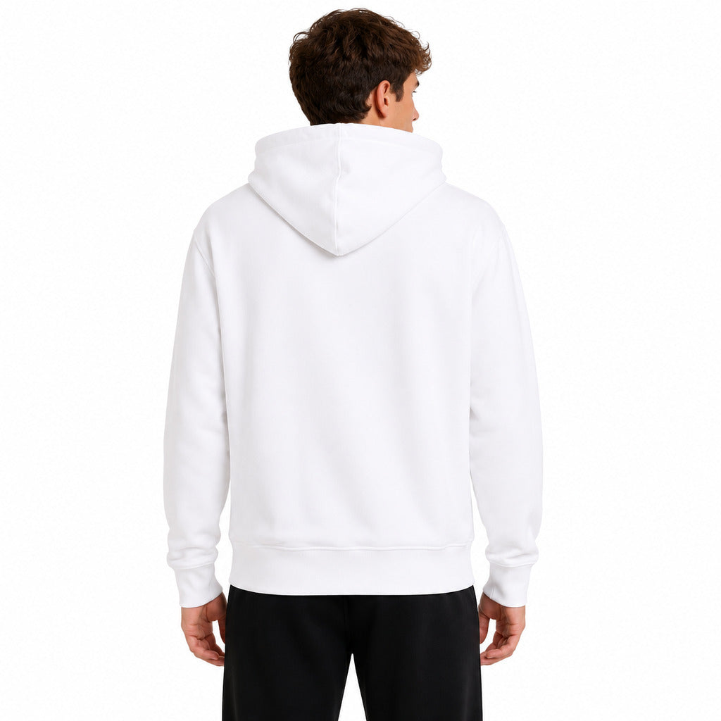 Dsquared2 – ICON white hooded sweatshirt – back view on model showing plain back and hood