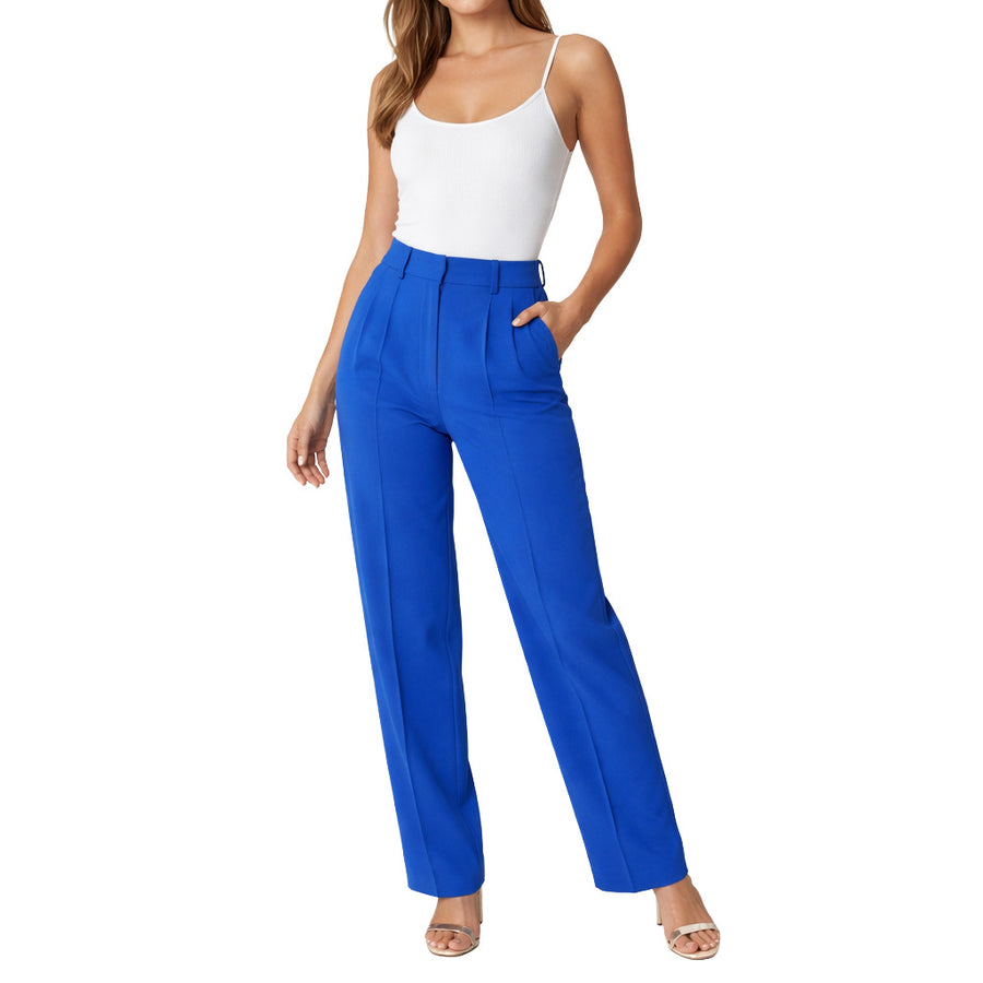 Elisabetta Franchi – blue pleated trousers – front view showing wide legs and pleated waist