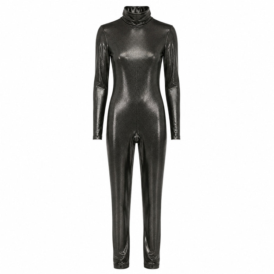Dolce & Gabbana – glossy grey high-neck jumpsuit – front-facing studio packshot