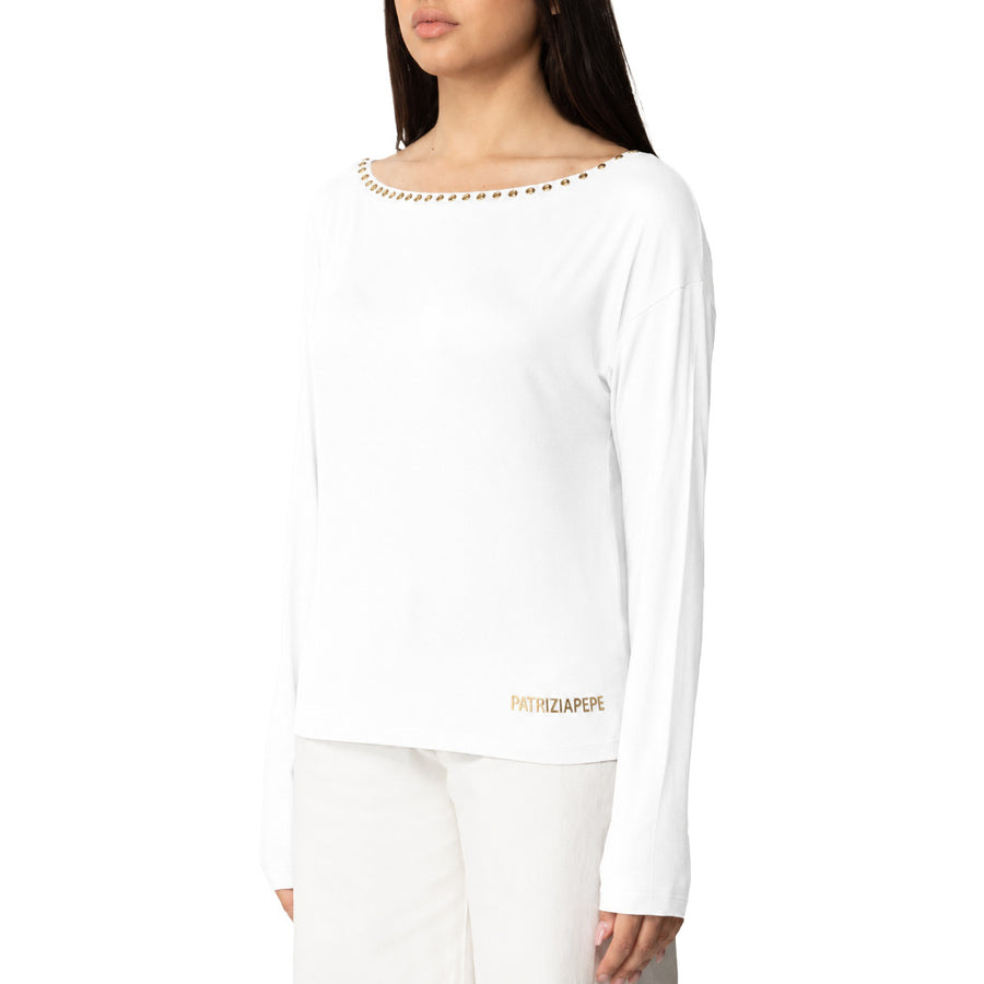 Patrizia Pepe – long-sleeve white T-shirt – front view with studded neckline and gold logo
