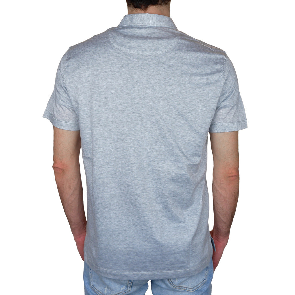 Loro Piana Tessuto – grey knit polo shirt – back view worn by a model