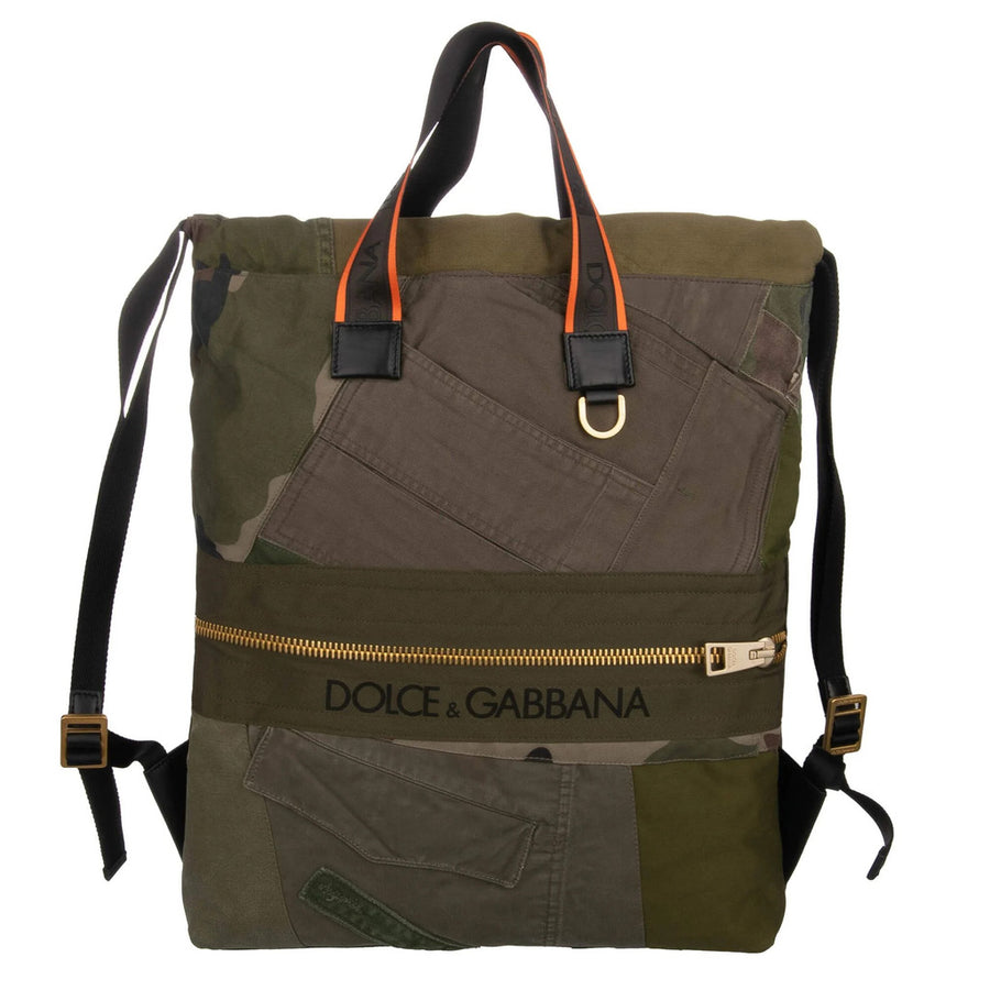 Dolce & Gabbana – camouflage patchwork backpack – front view with orange straps and gold zipper