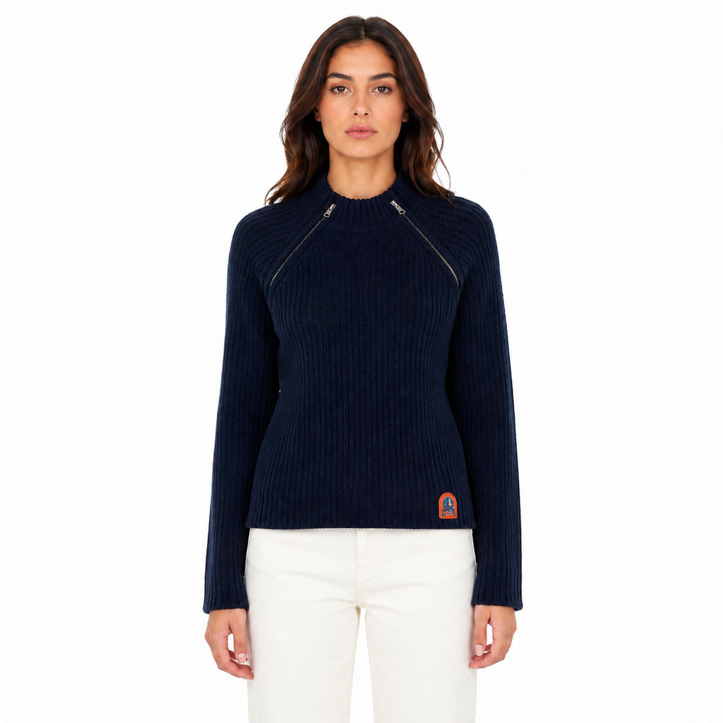 Parajumpers – navy wool rib-knit sweater – worn on model, front view with twin diagonal zips
