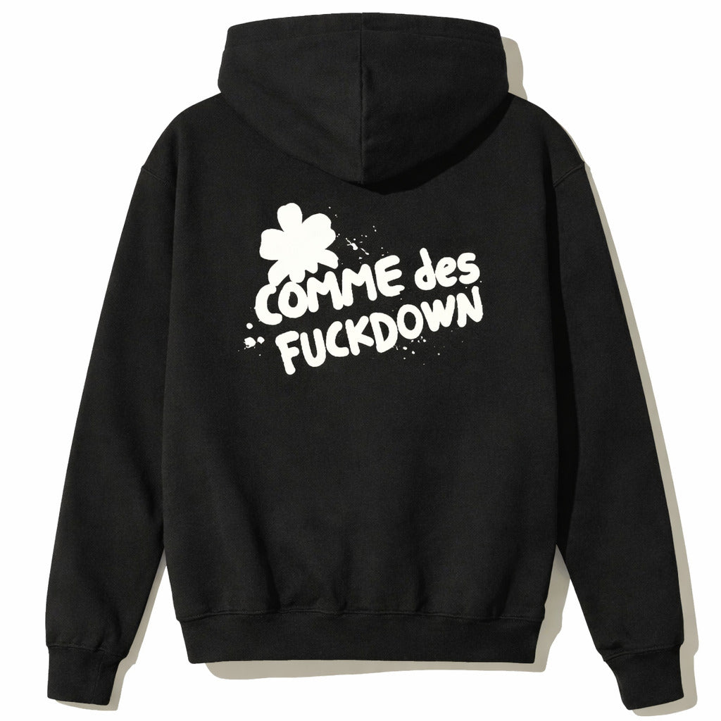 Comme Des Fuckdown – black hooded sweatshirt with large white back logo – rear flat-lay view