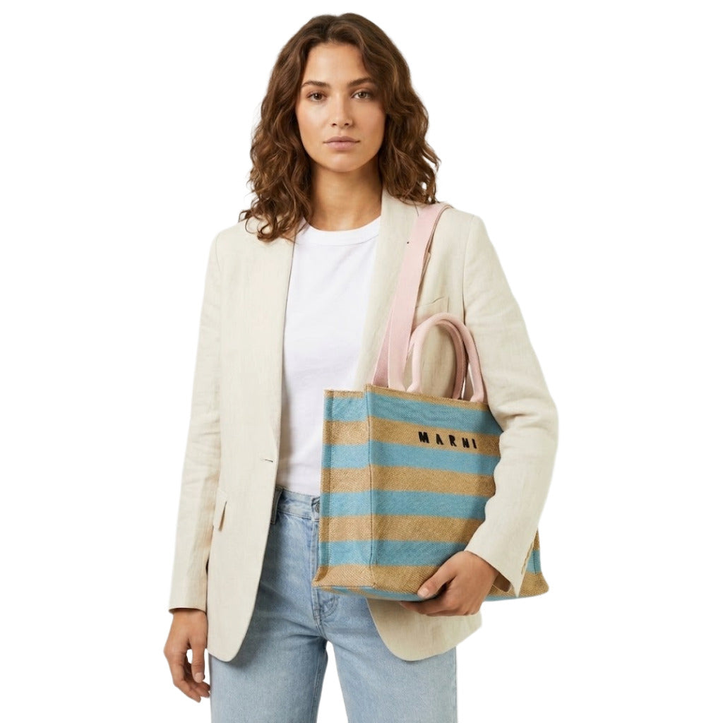 Marni – multicolour striped raffia tote bag – carried by a model