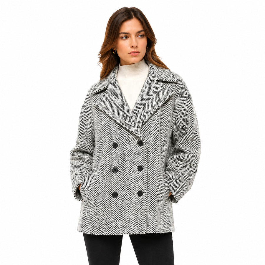 Patrizia Pepe – black-and-white wool-blend coat – front view worn by model