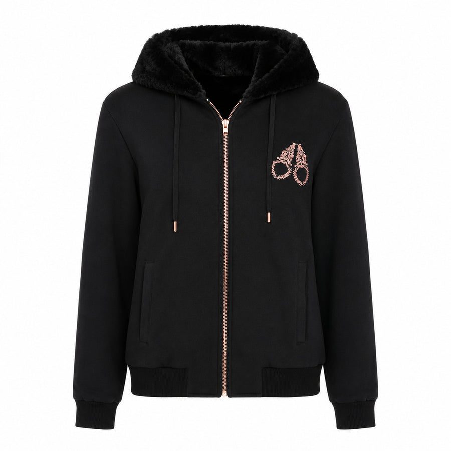 Moose Knuckles – black fleece-lined hoodie – front view with drawstrings and zipper