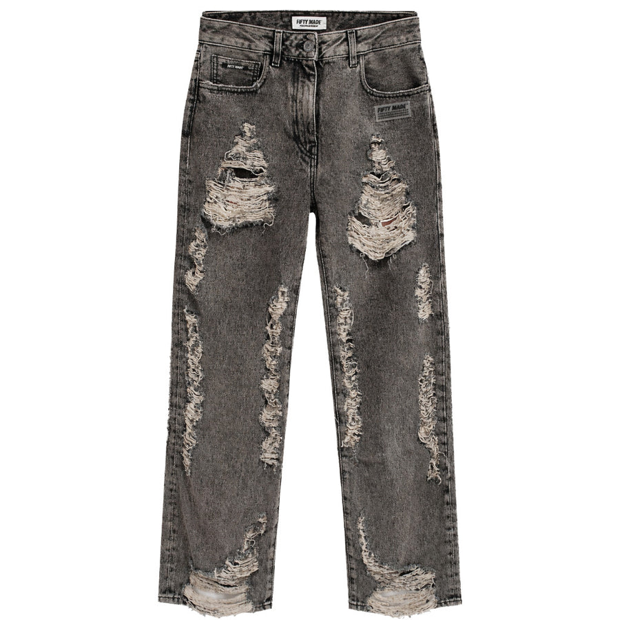 Fifty Made – black distressed jeans – front flat lay with extensive frayed rips