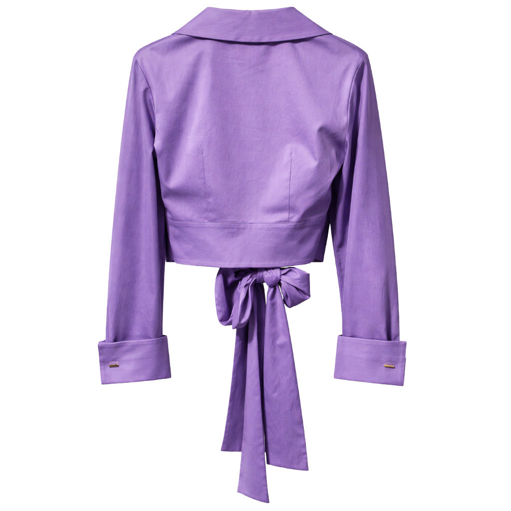Elisabetta Franchi – purple cropped wrap shirt with tie belt – back view showing long sleeves