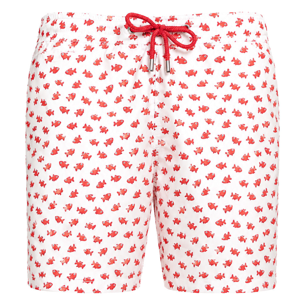 Mc2 Saint Barth – Picture Fish white swim trunks – front view with red fish print and drawstring