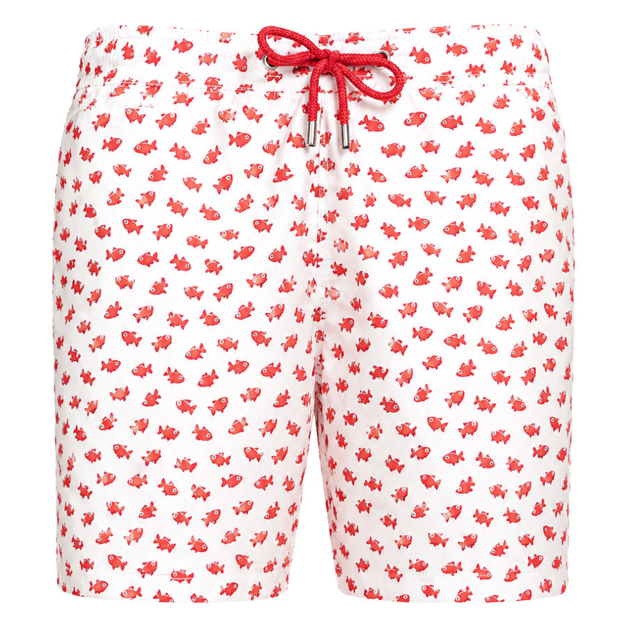 Mc2 Saint Barth – Picture Fish white swim trunks – front view with red fish print and drawstring