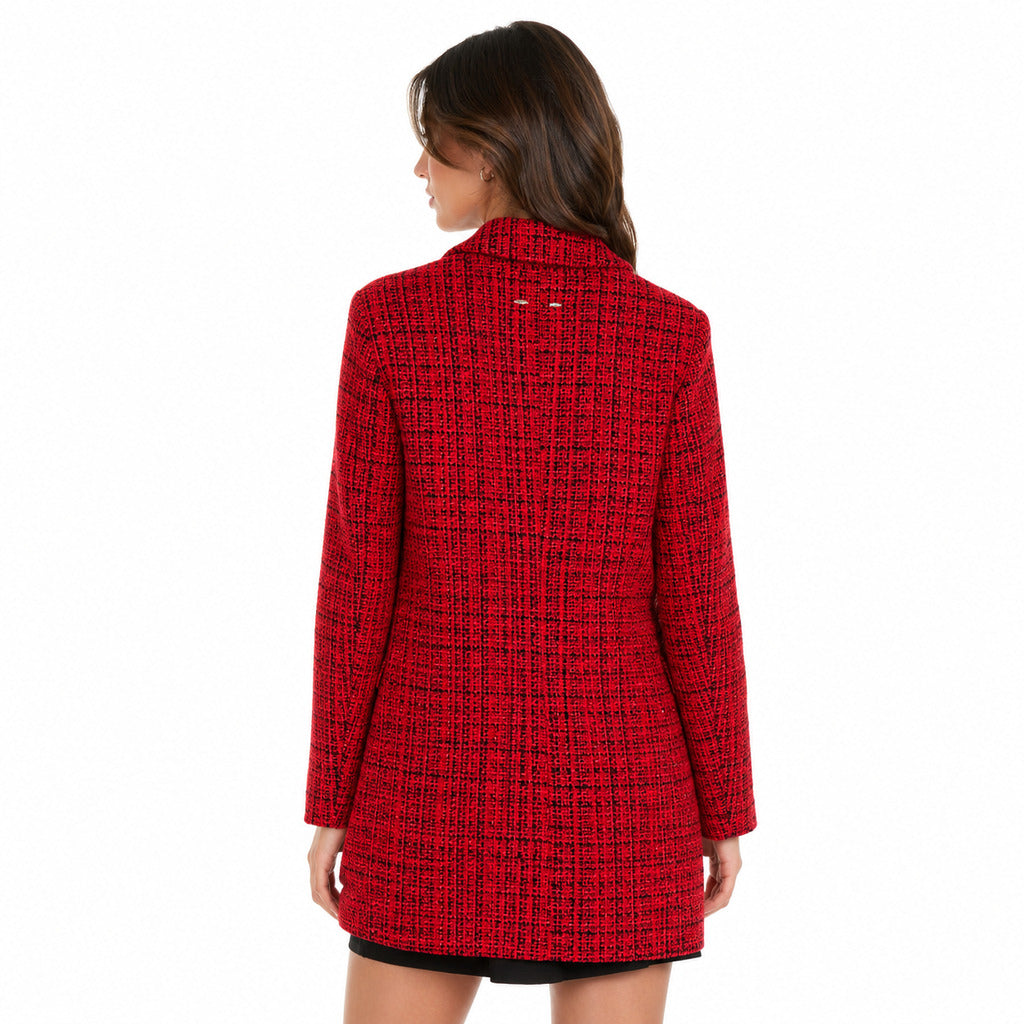 Patrizia Pepe – Coral red textured coat – back view showing the full-length coat on model