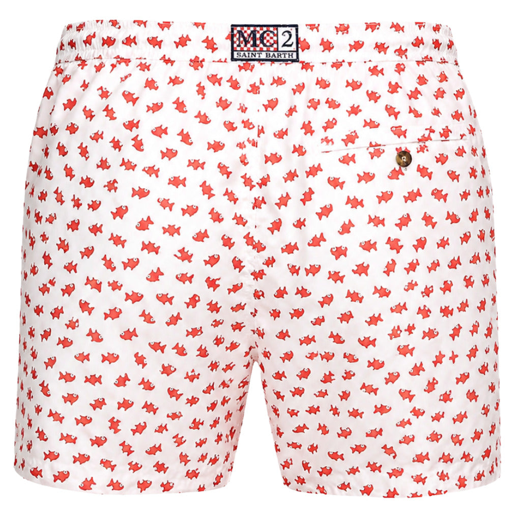Mc2 Saint Barth – Picture Fish white swim trunks – back view with red fish print and logo label