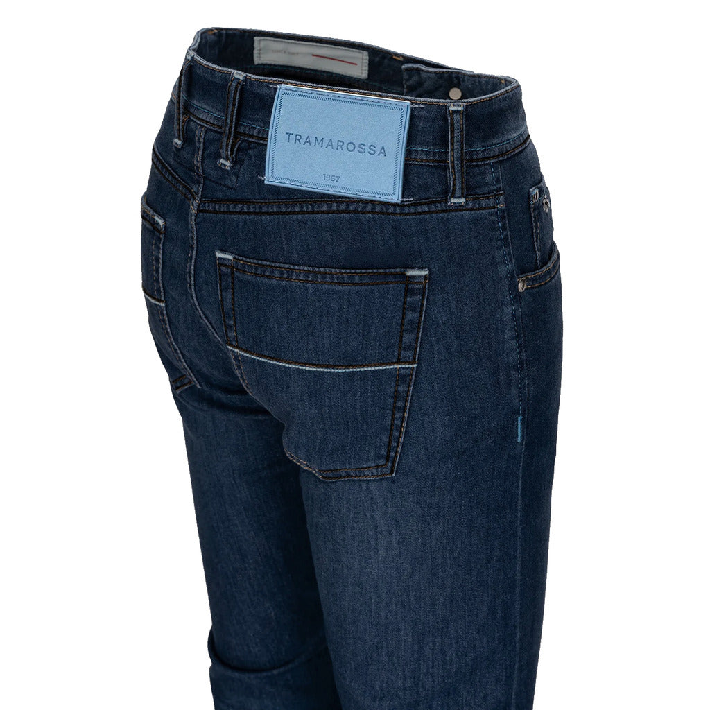 Tramarossa – medium blue jeans – angled rear close-up showing pocket and branded waistband patch