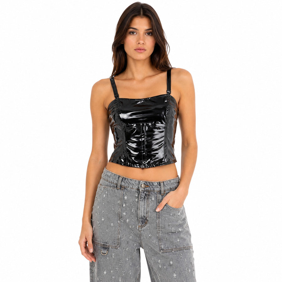 Patrizia Pepe – black glossy strappy top – front view worn with grey jeans