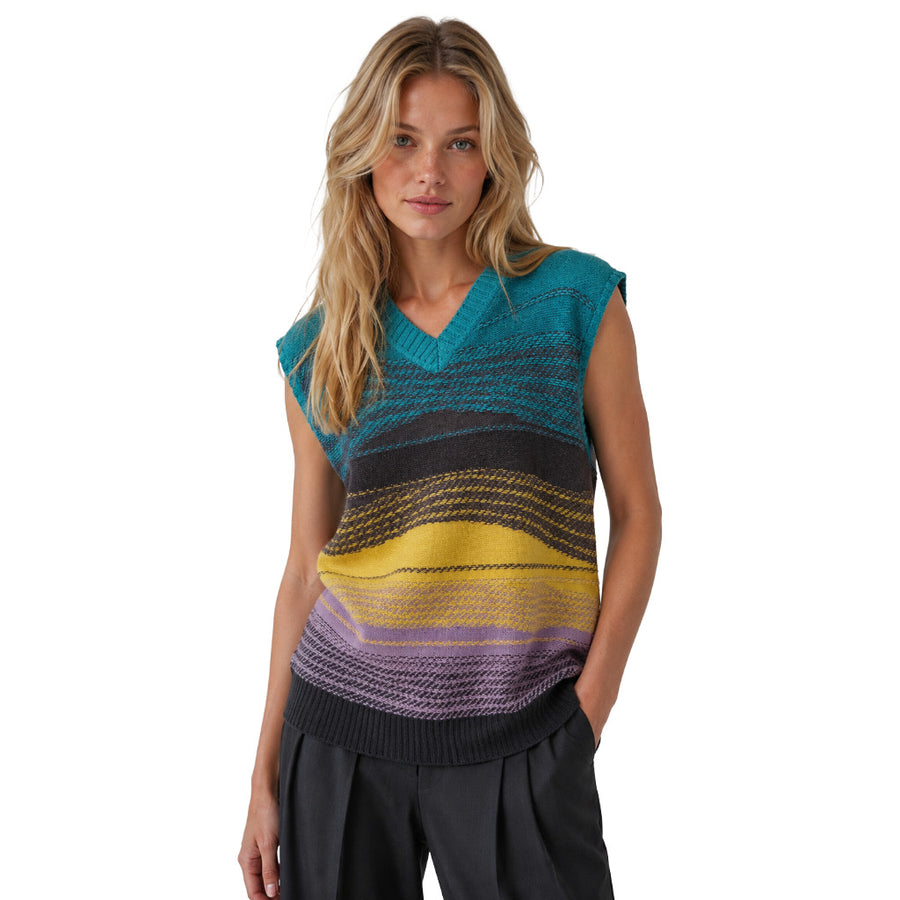 Patrizia Pepe – multicolour sleeveless knitted sweater – front view on model with striped texture