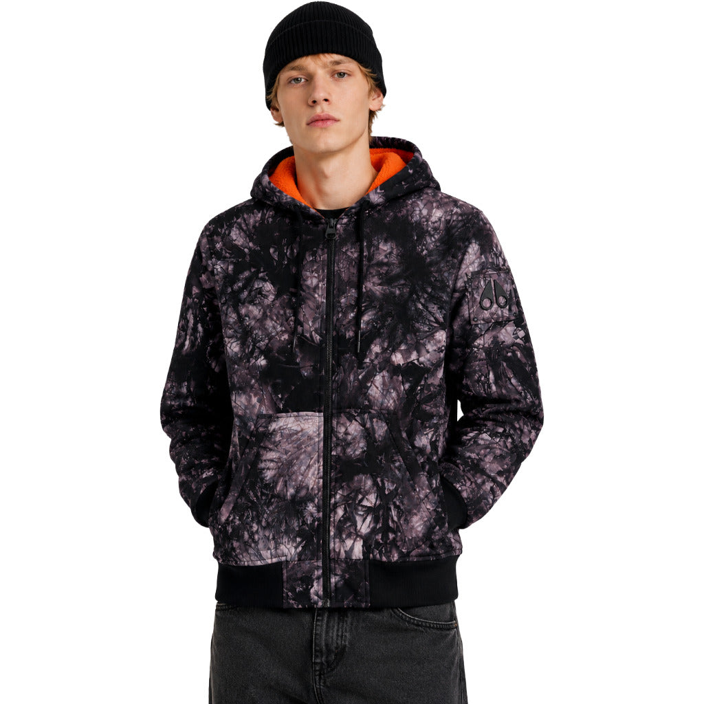 Moose Knuckles – black tie-dye hooded zip-up jacket – worn by model from front