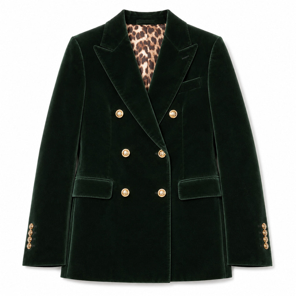 Dolce & Gabbana – green velvet double-breasted jacket – front view with leopard-print lining