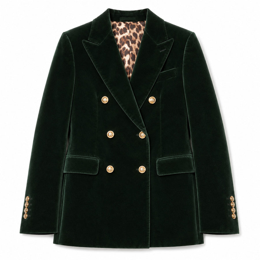 Dolce & Gabbana – green velvet double-breasted jacket – front view with leopard-print lining