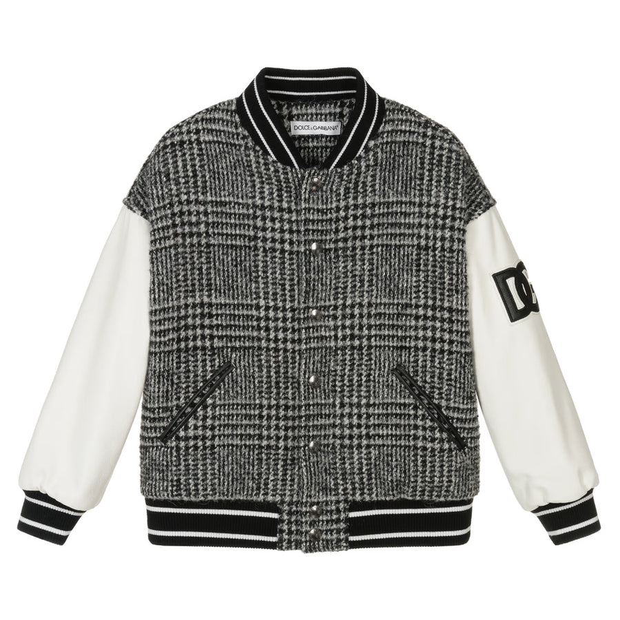 Dolce & Gabbana – grey checked wool varsity jacket – front view with striped trims