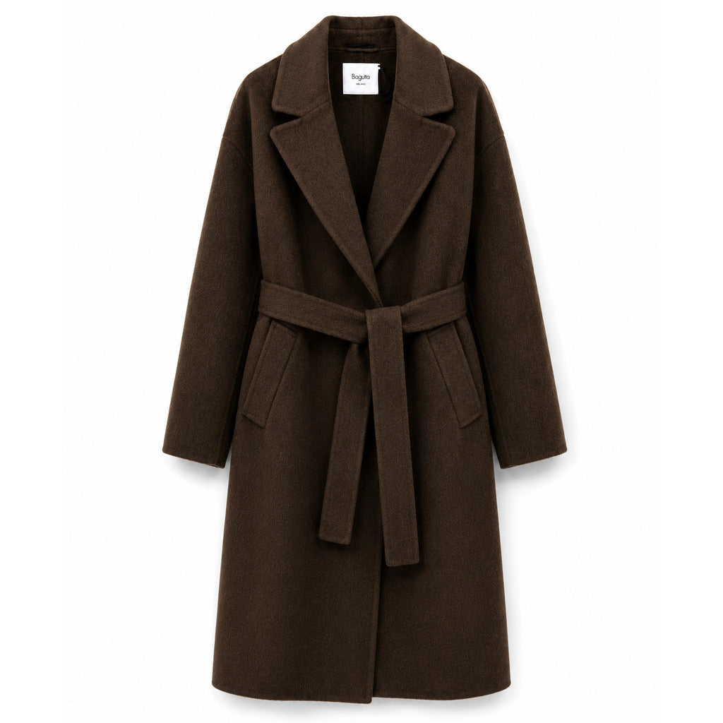 Bagutta – brown wool belted long coat – front flat lay with tied waist