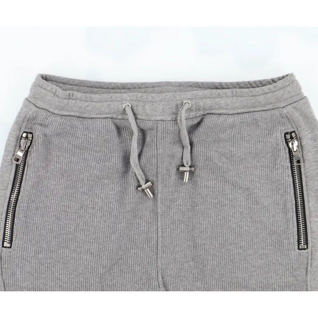 Balmain – heather grey cotton jogger trousers – close-up of waistband, drawstring and zip pockets