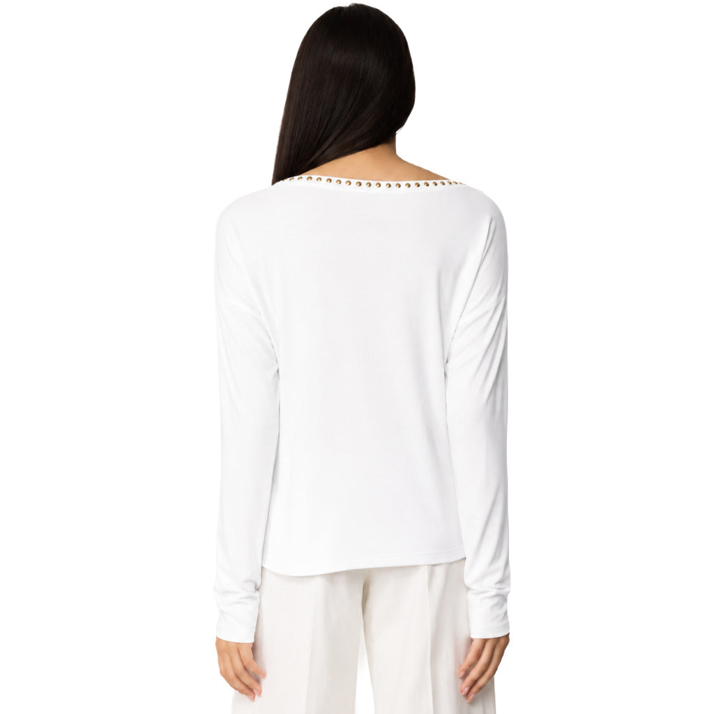 Patrizia Pepe – long-sleeve white T-shirt – back view showing studded neckline