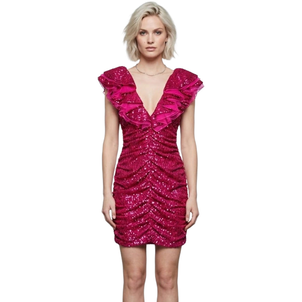 Pinko – fuchsia ruffle sequin dress – front view with V-neck ruffles and gathered skirt