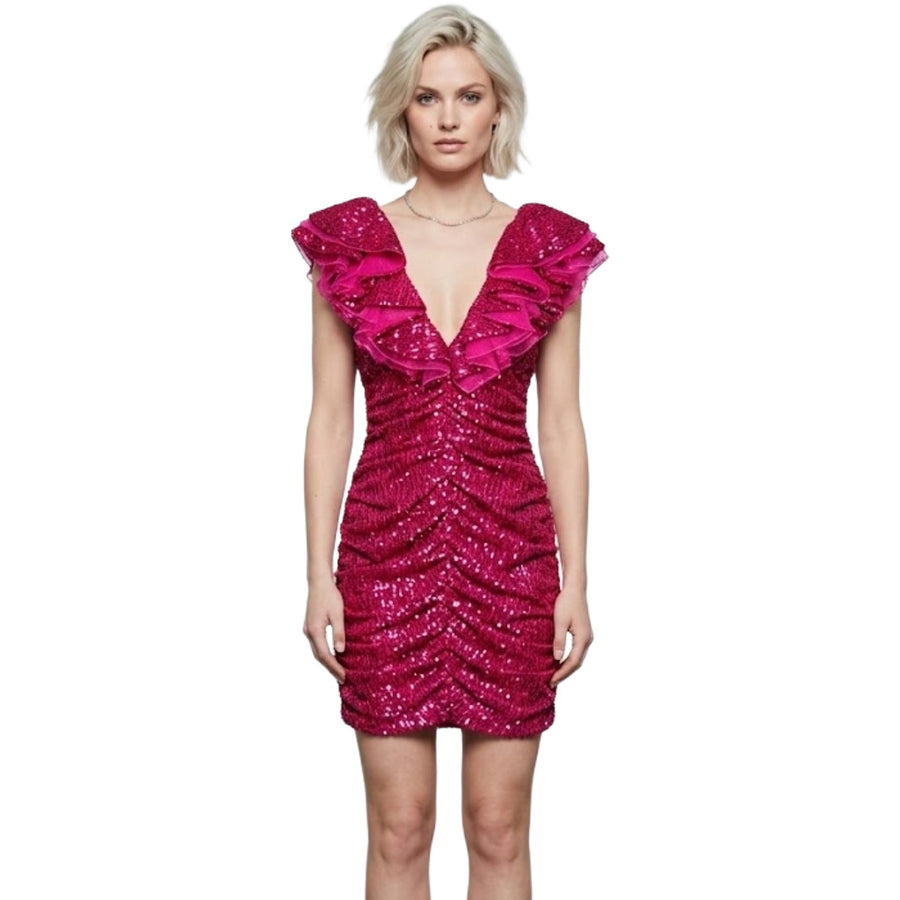 Pinko – fuchsia ruffle sequin dress – front view with V-neck ruffles and gathered skirt