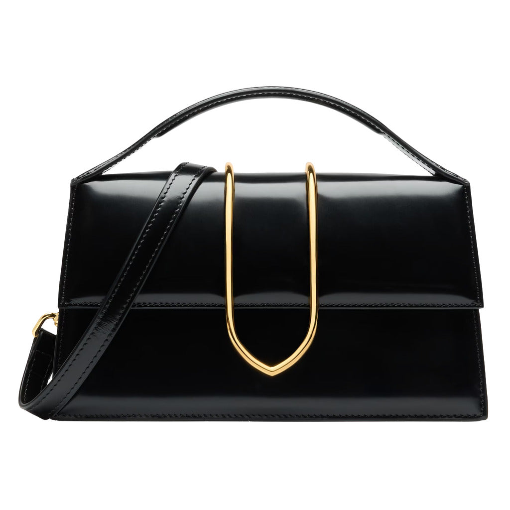 Jacquemus – Le Grand Bambino black leather shoulder bag – front view with gold-tone clasp