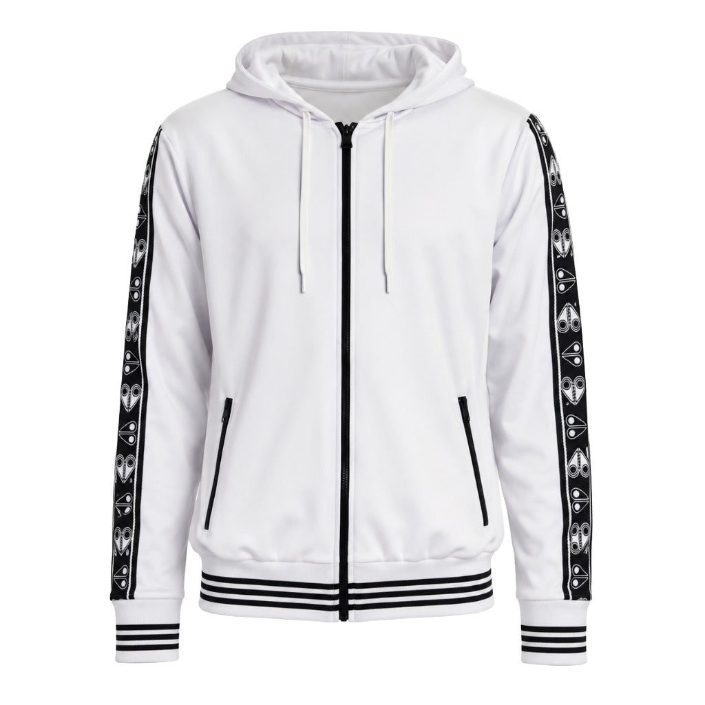 Moose Knuckles – Track Bomb white zip-up hooded sweatshirt – front studio packshot