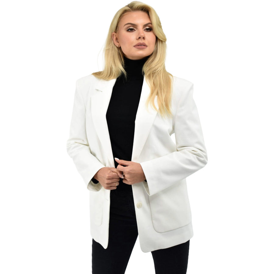 Patrizia Pepe – white padded single-breasted jacket – front view worn with black turtleneck