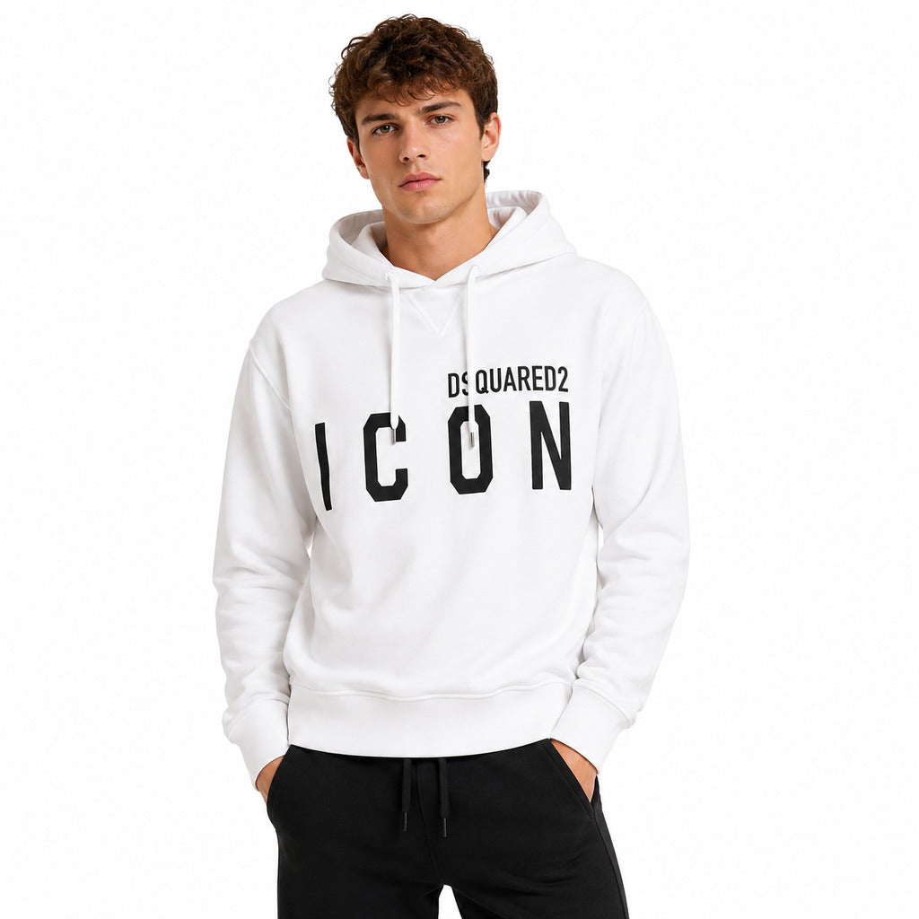 Dsquared2 – ICON white hooded sweatshirt – front view on model with black ICON lettering