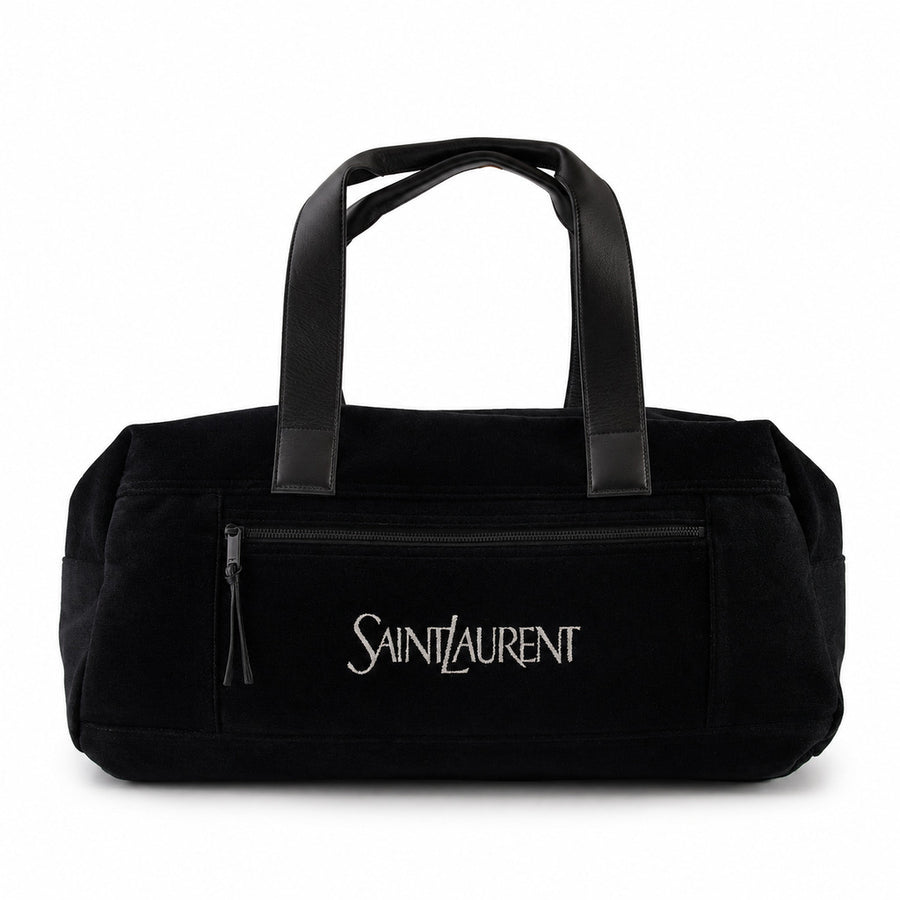 Saint Laurent – black jacquard duffle bag – front view, leather handles and zip pocket