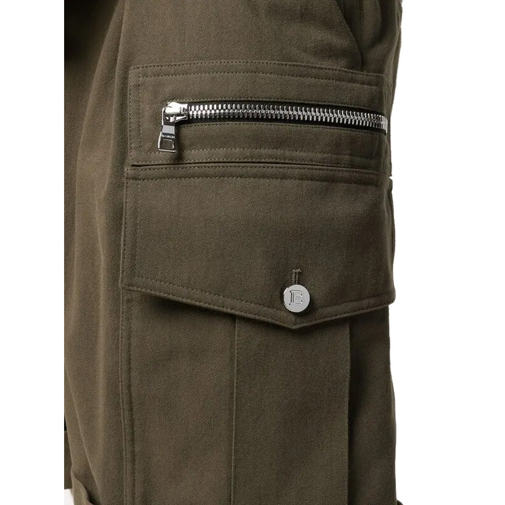 Balmain – military green cotton cargo shorts – close-up of zip pocket and button