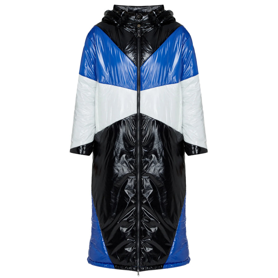 Patrizia Pepe – multicolor quilted down jacket – front view with hood and zip