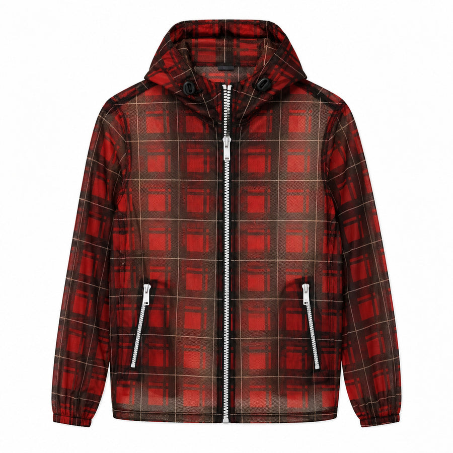 Moose Knuckles – red plaid hooded rain jacket – front packshot with zip closure and pockets