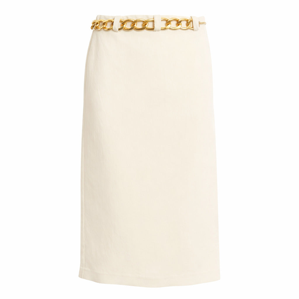 Patrizia Pepe – white linen skirt – front packshot with gold chain detail at the waist