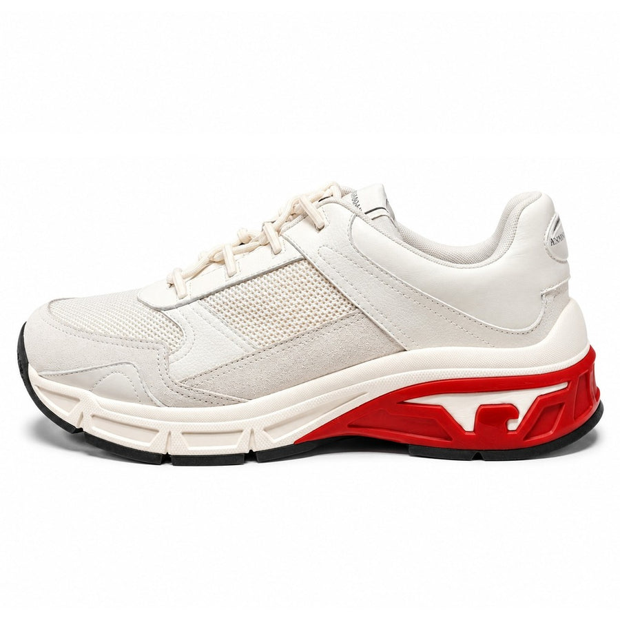 Emporio Armani – white suede and mesh sneakers – side profile with red heel sole