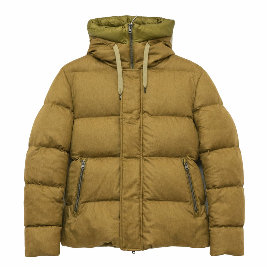 Herno – olive green hooded down jacket – front view on white background
