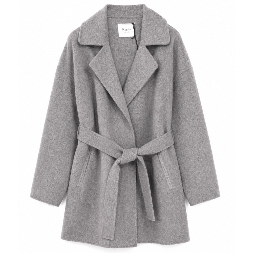 Bagutta – grey wool coat with belt – front flat lay showing textured fabric and lapels