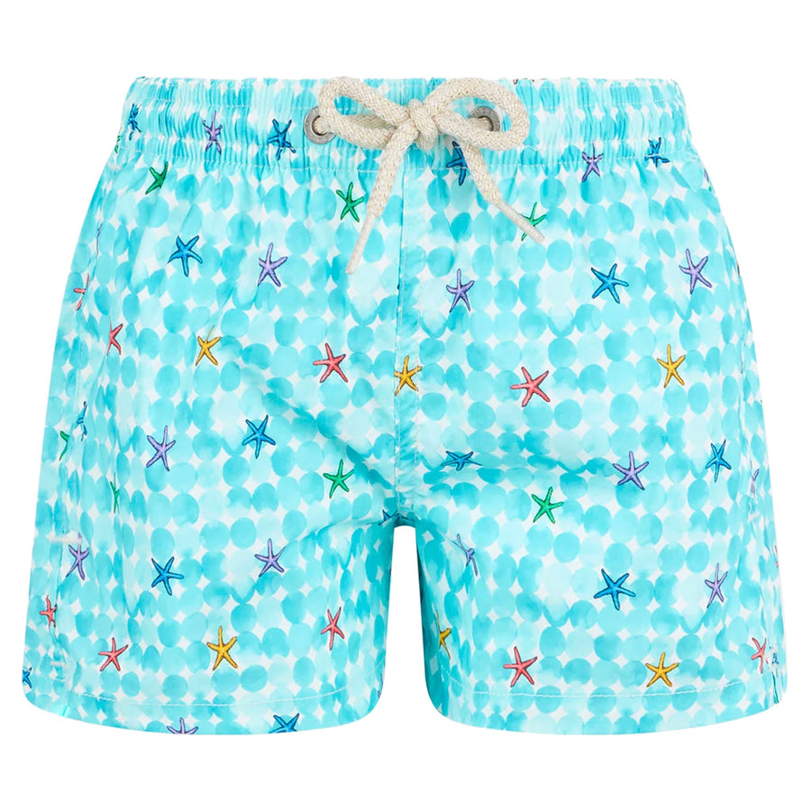 Mc2 Saint Barth – Azzurro swim trunks with starfish print – Front view with drawstring waist