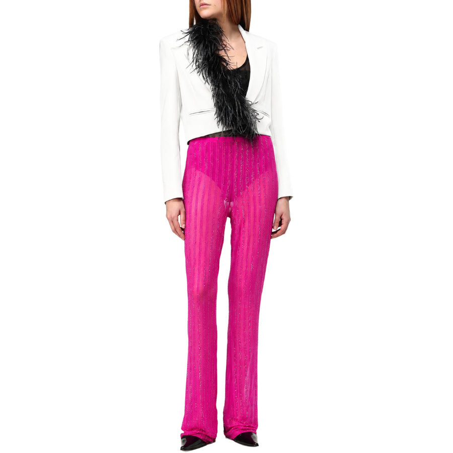 Patrizia Pepe – fuchsia rhinestone trousers – full-length front view worn with white blazer