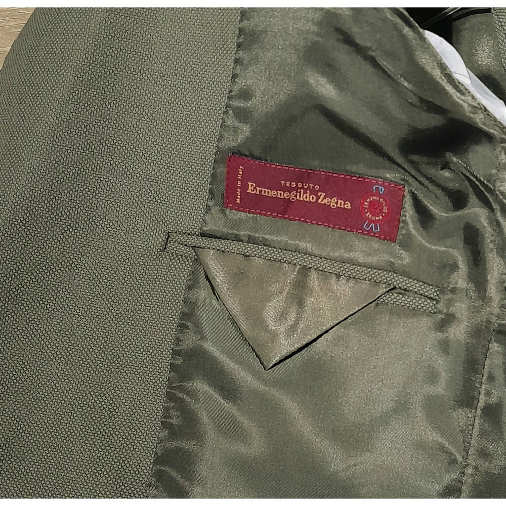 Ermenegildo Zegna Tessuto – green wool suit – lining label and woven fabric close-up